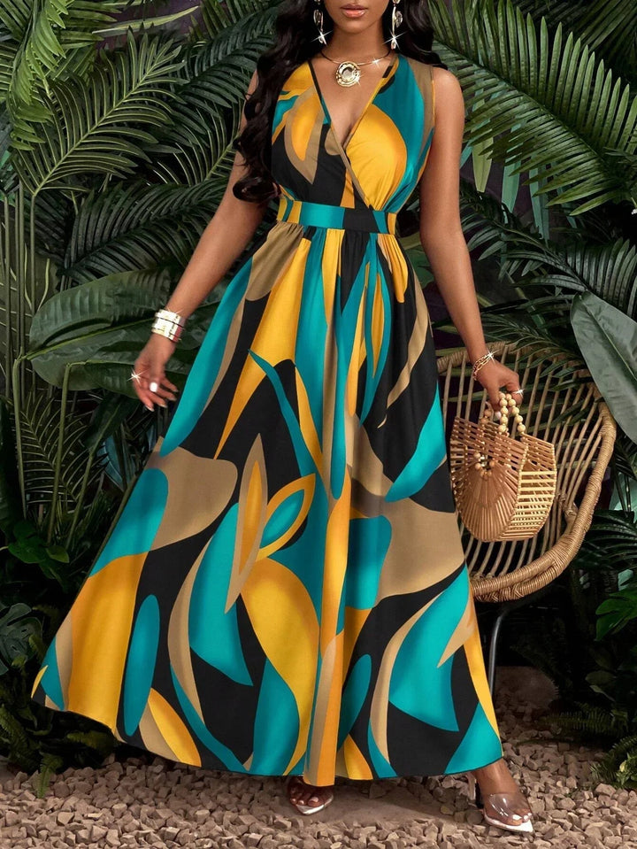 Side view of the Nova abstract print maxi dress highlighting the cinched waist and sweeping full-length skirt