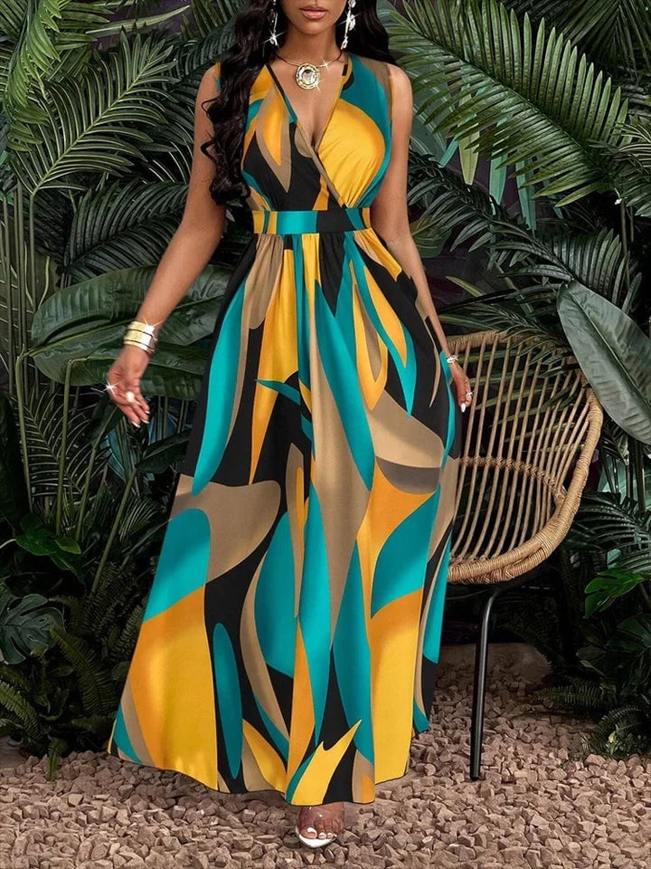 Back view of the Nova sleeveless abstract maxi dress showing the clean neckline and flowing skirt silhouette