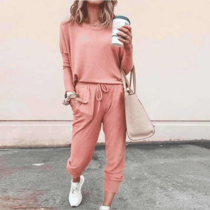 Woman wearing the Nylie relaxed jogger lounge set in a coordinated casual look
