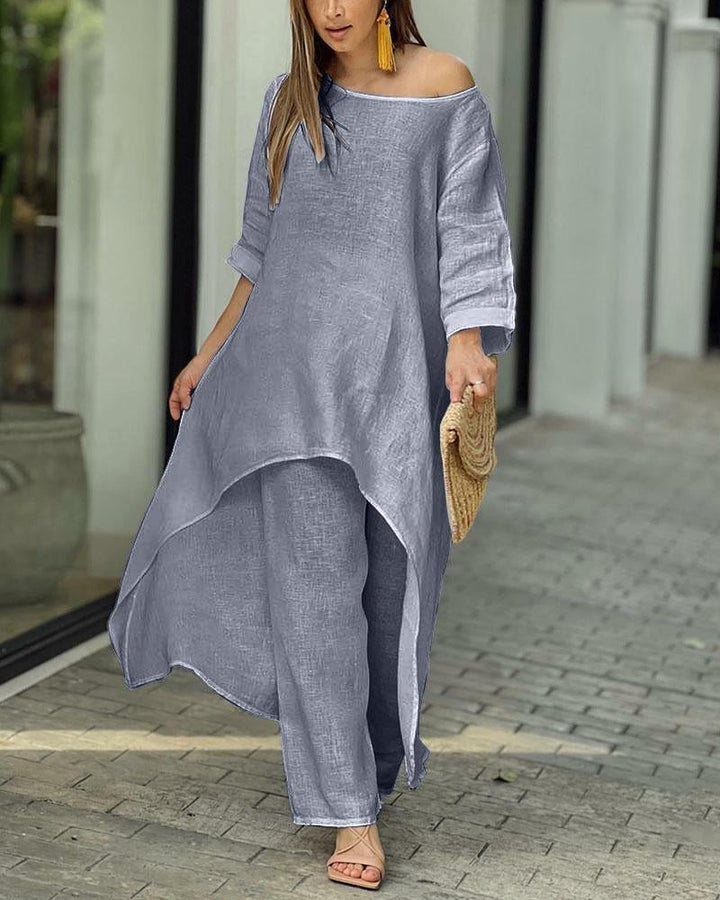 Back view of the Oasis linen two-piece set in a relaxed straight-leg fit