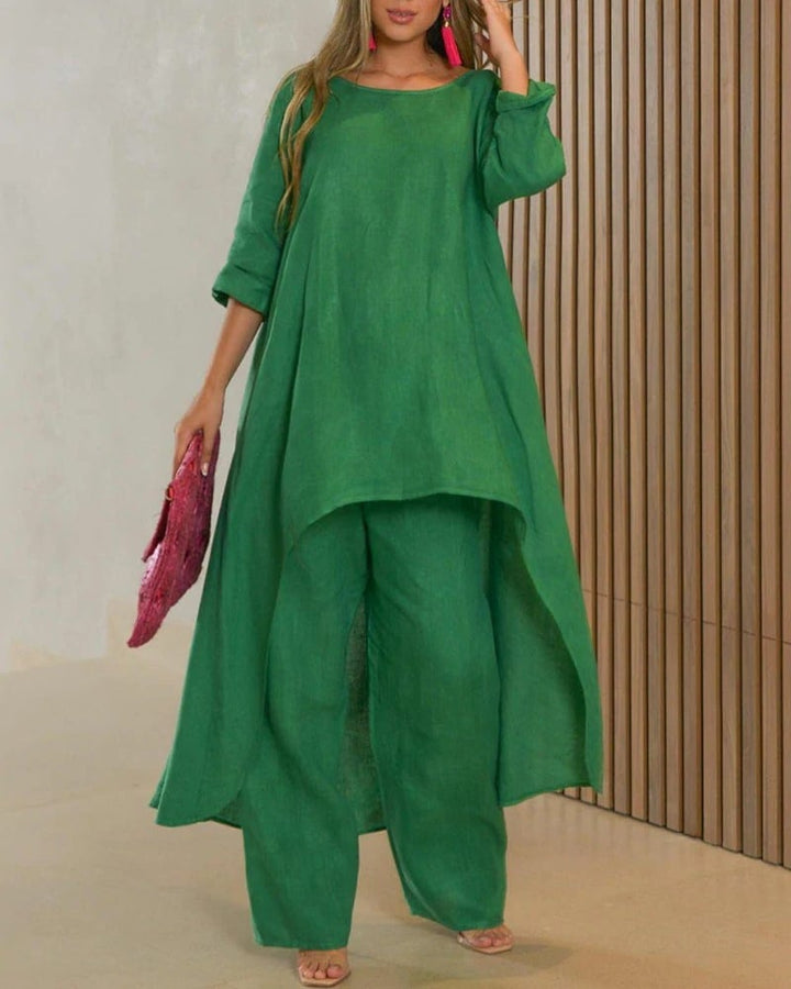 Oasis linen two-piece set displayed in the khaki colorway with wide-leg pants
