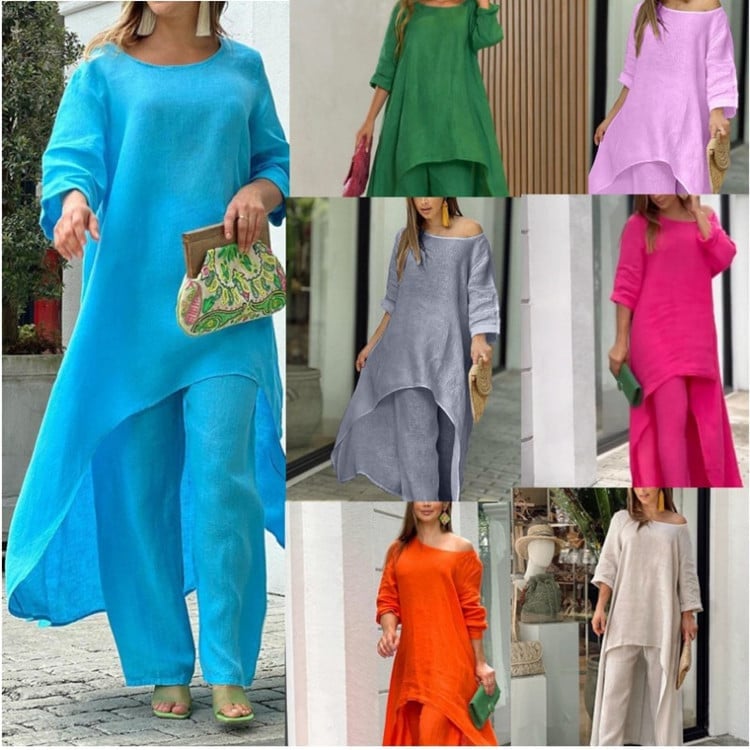 Close-up of the wide-leg pant hem on the Oasis linen two-piece set