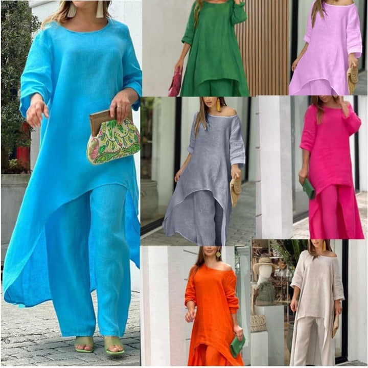 Close-up of the wide-leg pant hem on the Oasis linen two-piece set