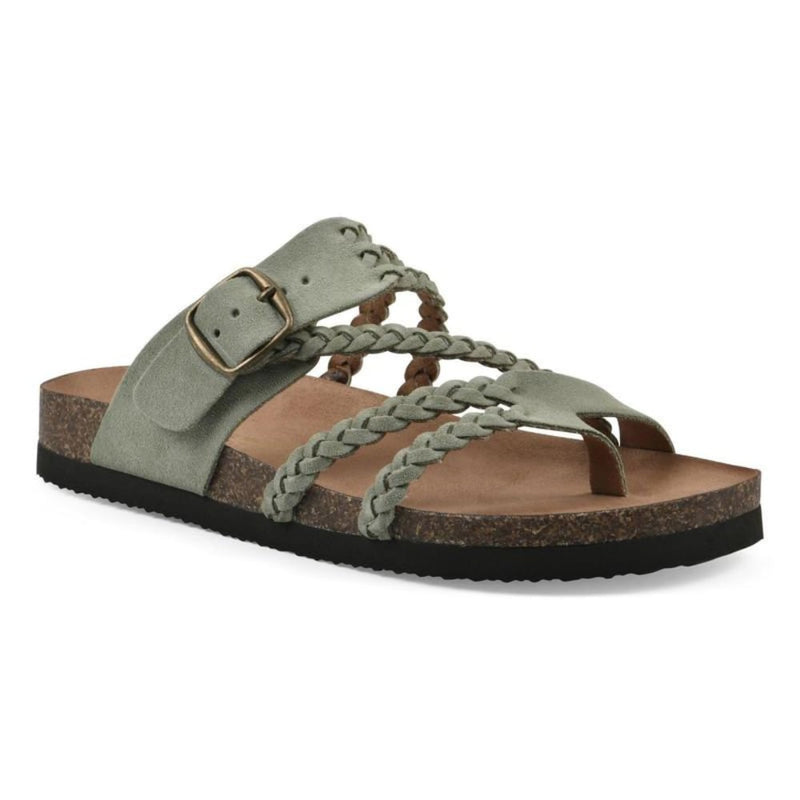 Octavia women's braided buckle sandals in beige with adjustable buckle strap and toe loop, side view