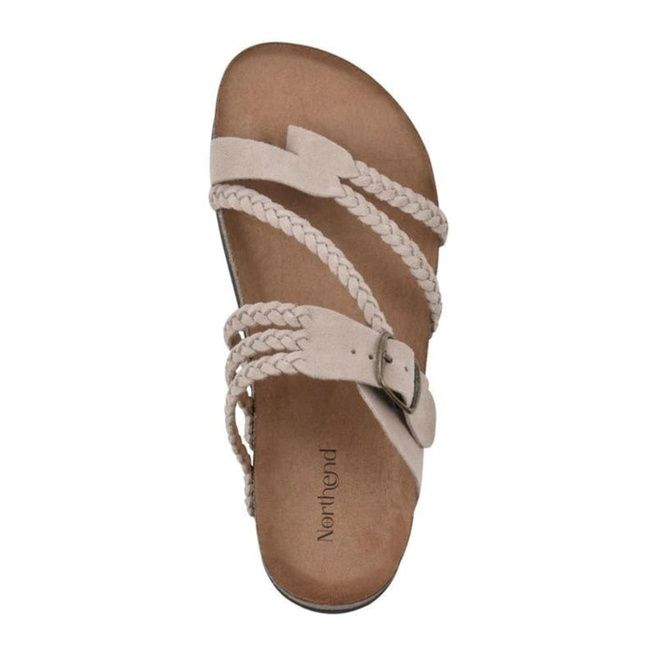 Octavia braided sandals in green showing textured strap detail and non-slip sole, top view