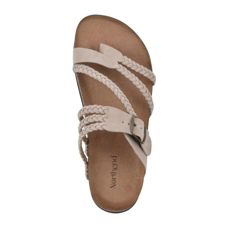 Octavia braided sandals in green showing textured strap detail and non-slip sole, top view