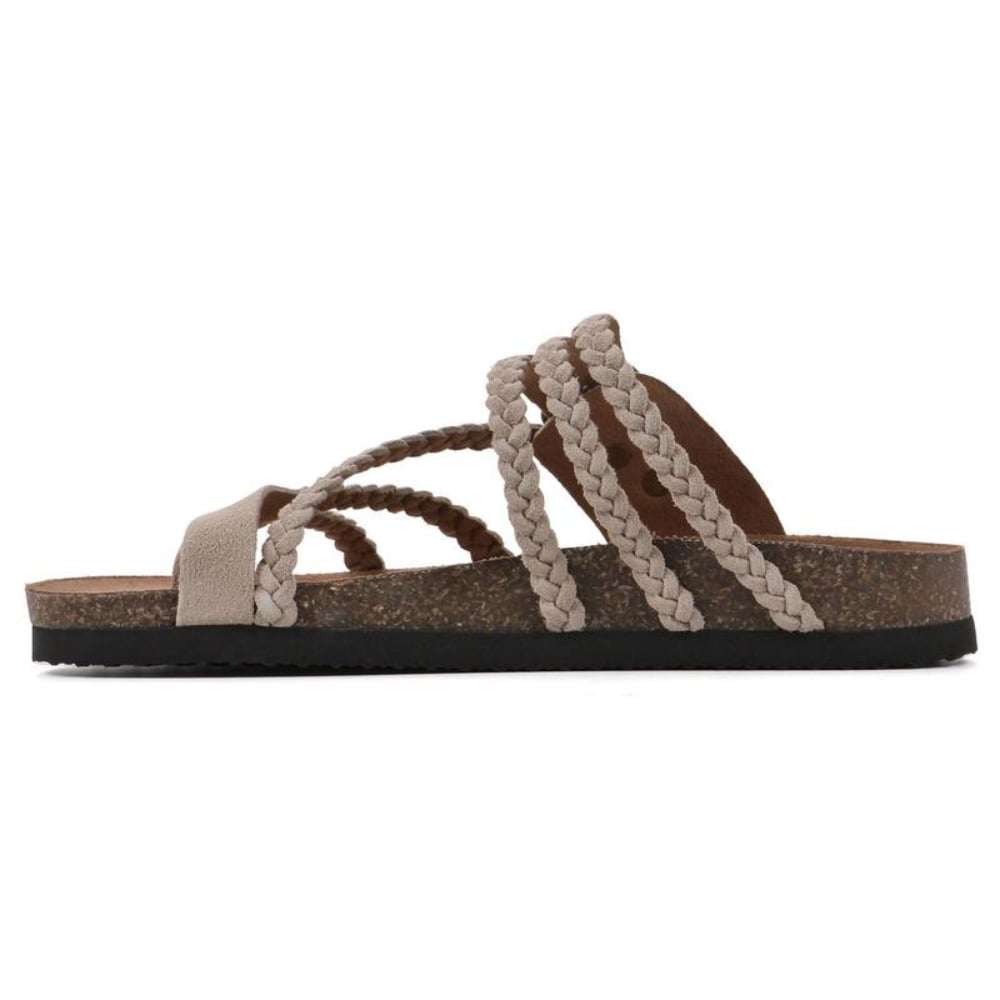 Close-up of braided strap and adjustable buckle detail on Octavia women's sandals