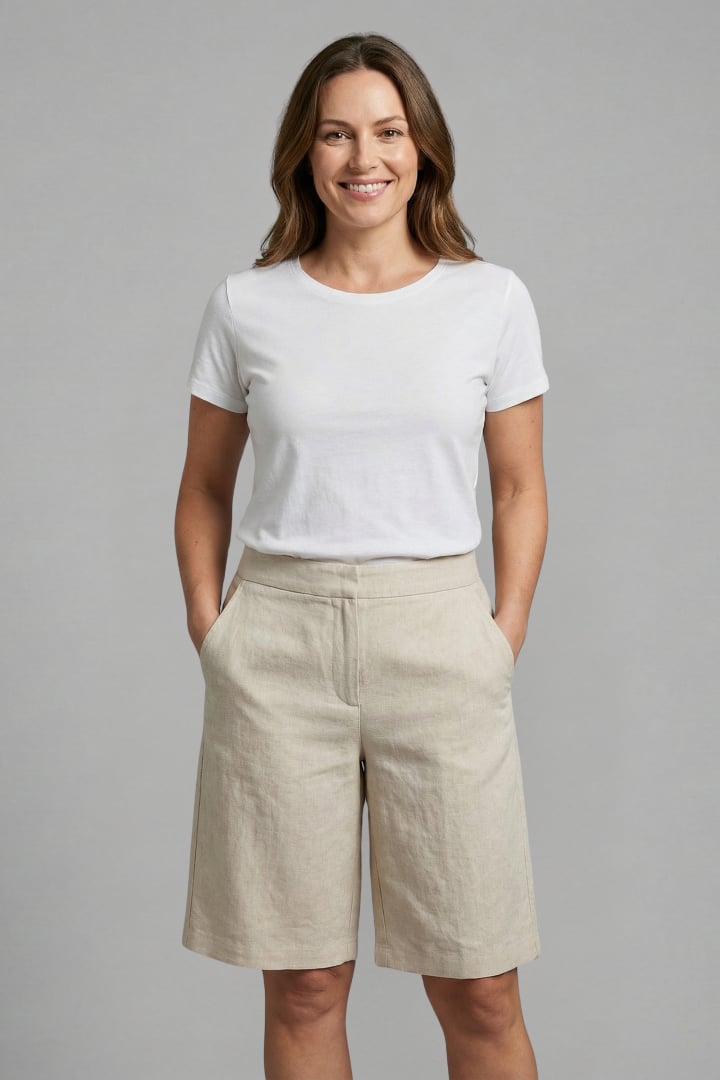 Octavia high waisted knee length shorts in white, front view on model