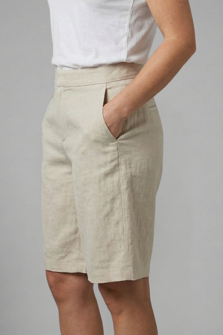 Octavia shorts in beige, back view showing knee length cut