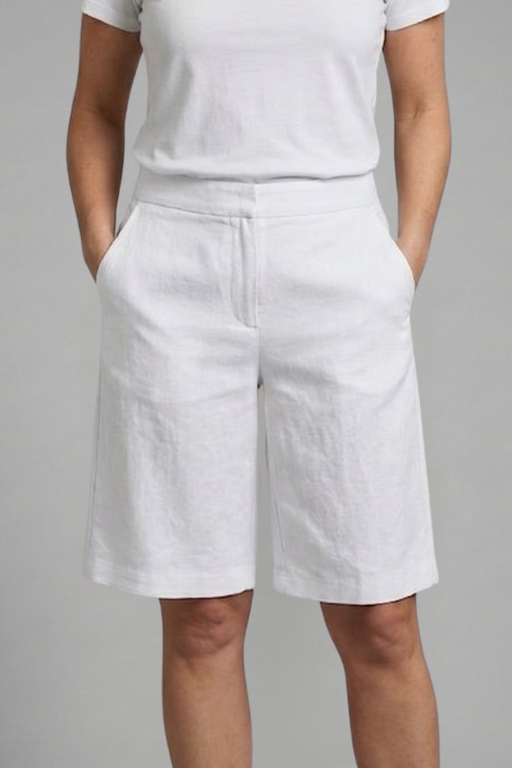 Close-up of elastic drawstring waistband on Octavia high waisted shorts