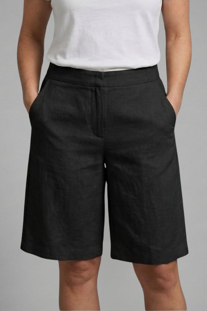 Octavia knee length shorts in green, full-length model shot