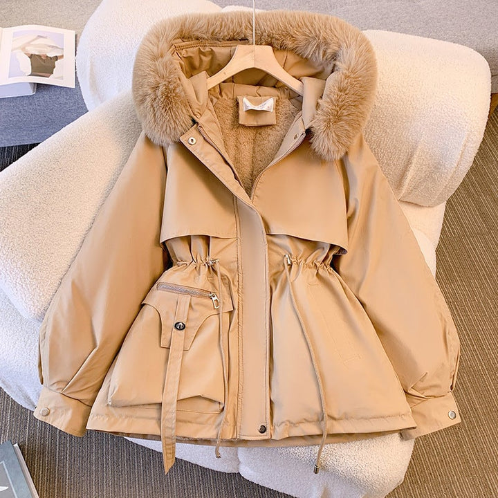 Odette coffee-colored winter coat flat lay highlighting faux fur trim and coat length