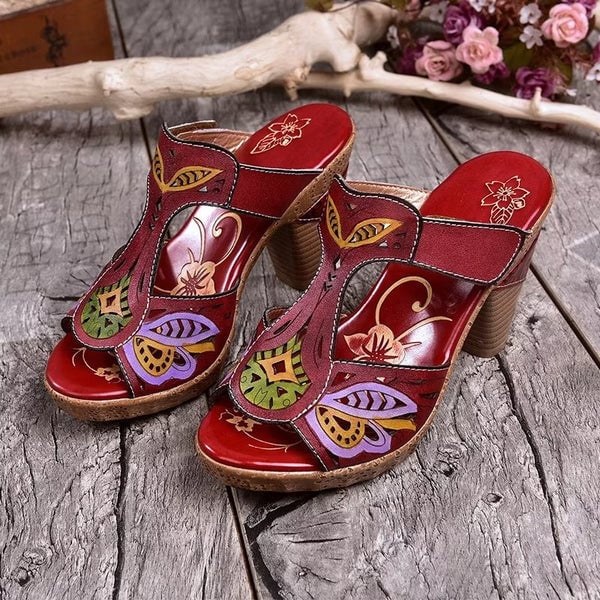 Odette sandal heel and sole detail in maroon red showing stable flat base