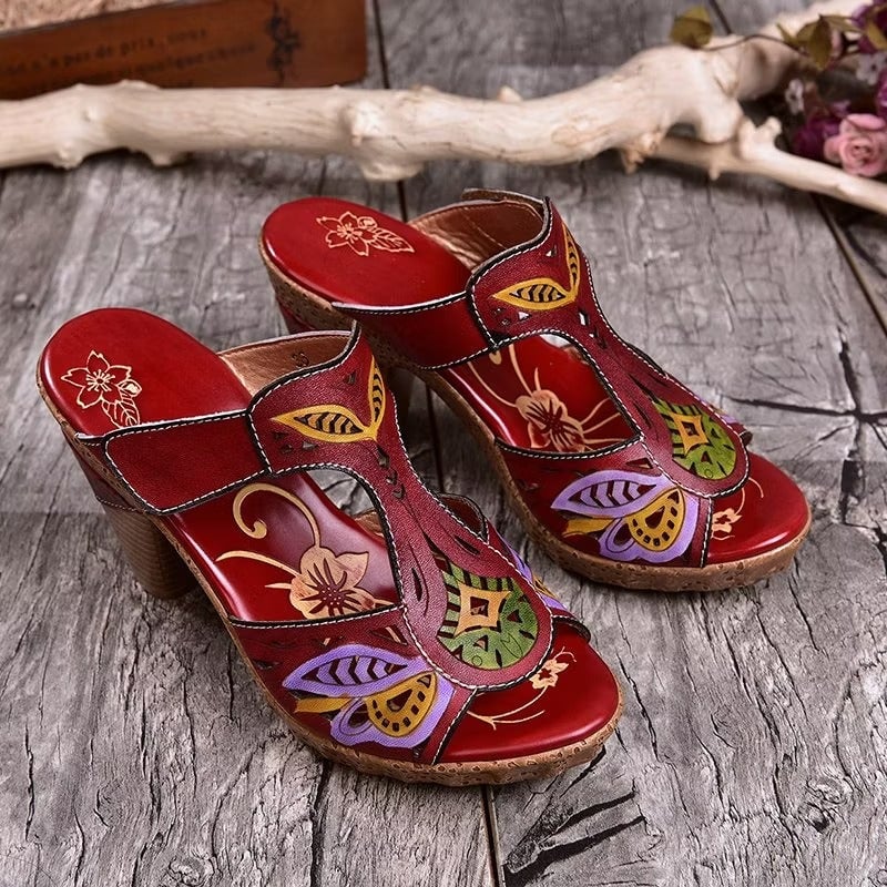 Odette maroon red floral flat sandals, back view showing strap and heel construction