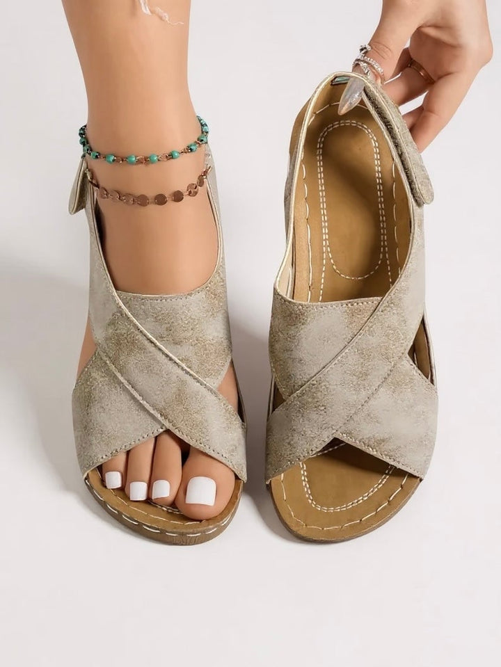Close-up of the cushioned insole of the Olive platform wedge sandals