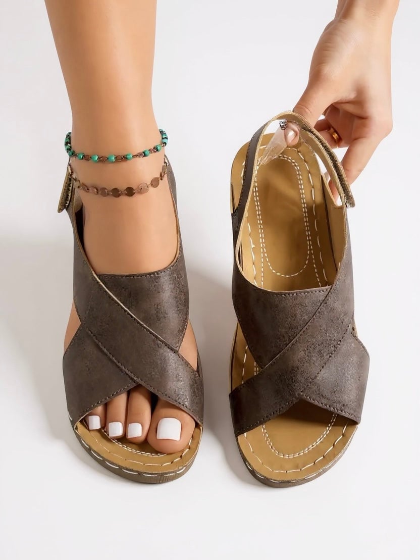Top-down view of the Olive platform wedge sandals showing the strap detail