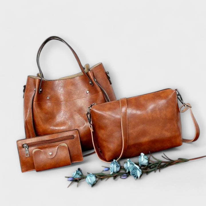Olivia 4-piece vintage bag set including tote, shoulder bag, clutch, and wallet in brown vegan leather