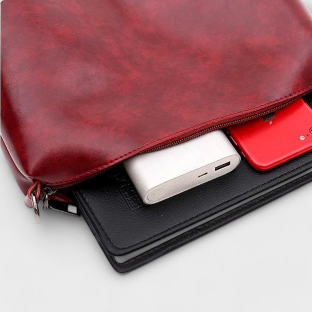 Olivia clutch and wallet placed together showing coordinating design in brown