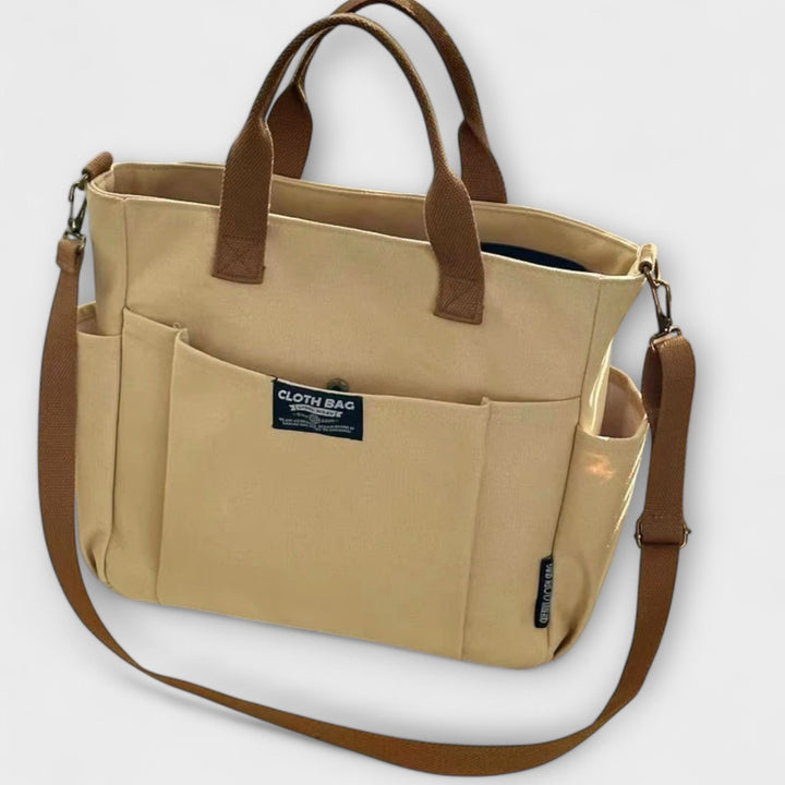 Olivia Shoulder Bag in Khaki with adjustable strap and multiple pockets, front view