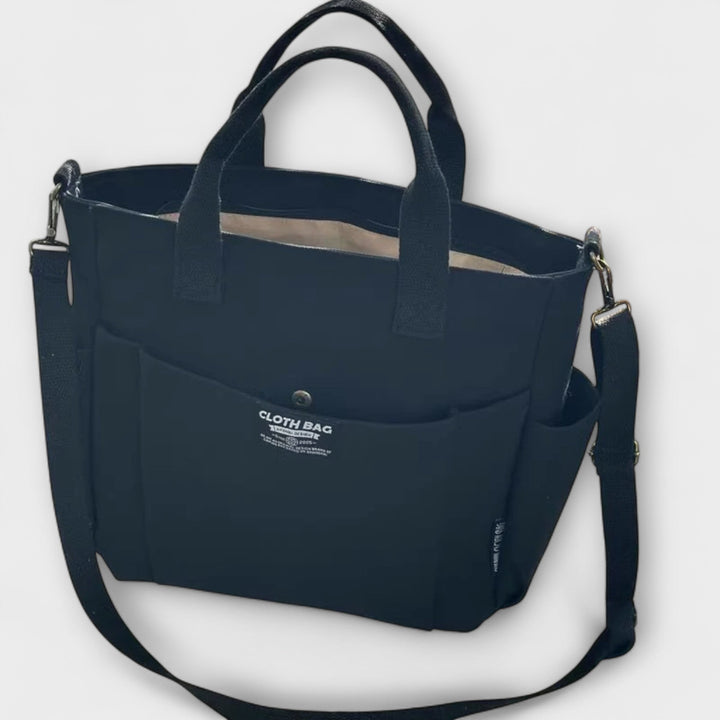 Olivia Shoulder Bag lifestyle shot showing all three color options: Khaki, White, and Black