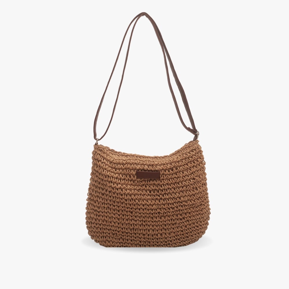 Flat lay of the Olivia shoulder bag in both beige and brown colorways