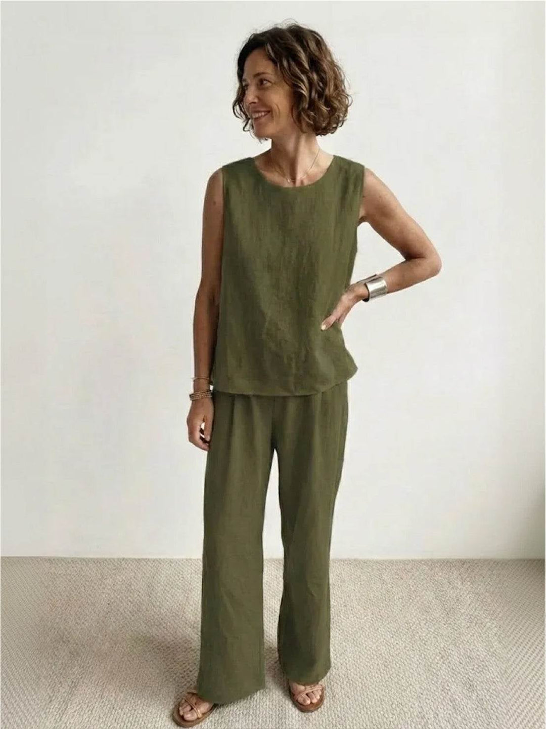 Olivia sleeveless tank and wide-leg pants set in army green, front view