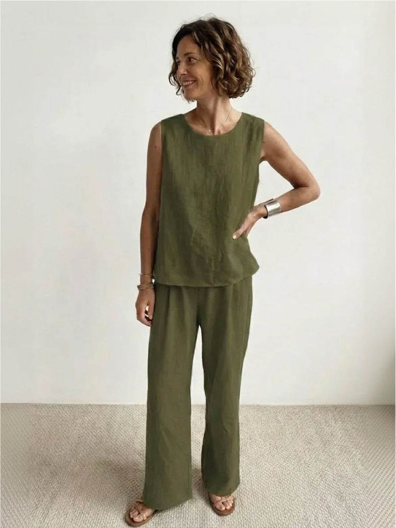 Olivia sleeveless tank and wide-leg pants set in army green, front view