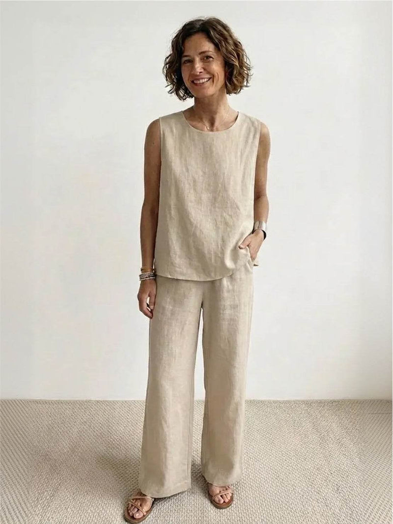 Olivia sleeveless tank and wide-leg pants set in army green, back view