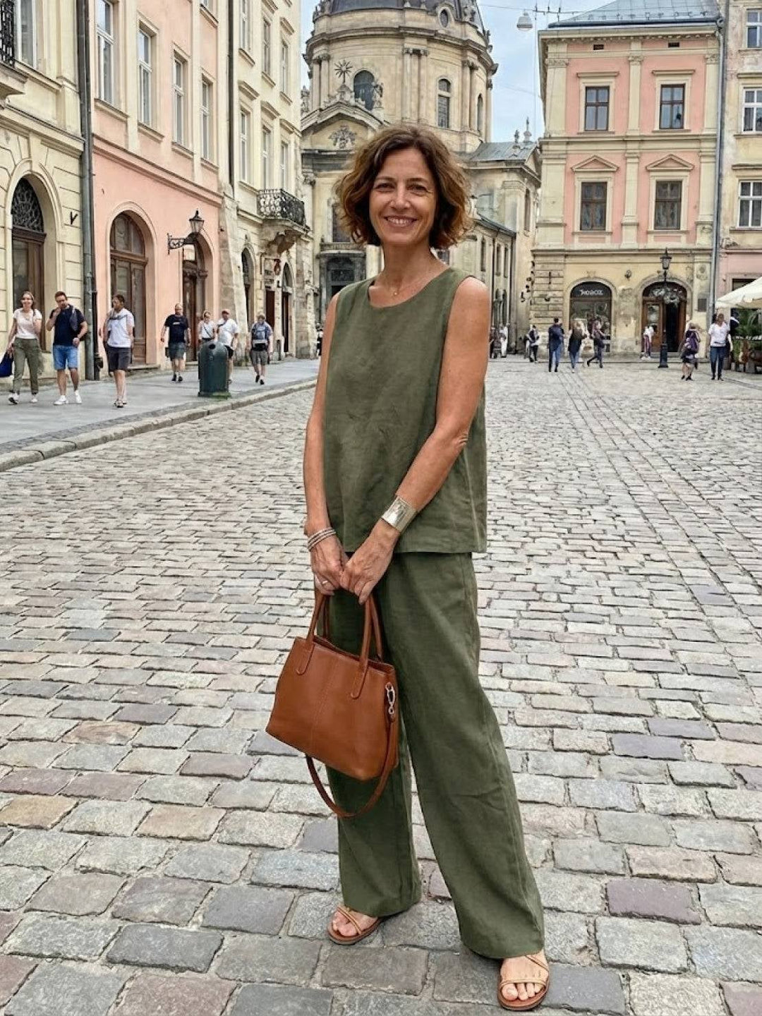 Olivia two-piece set in army green styled with casual accessories