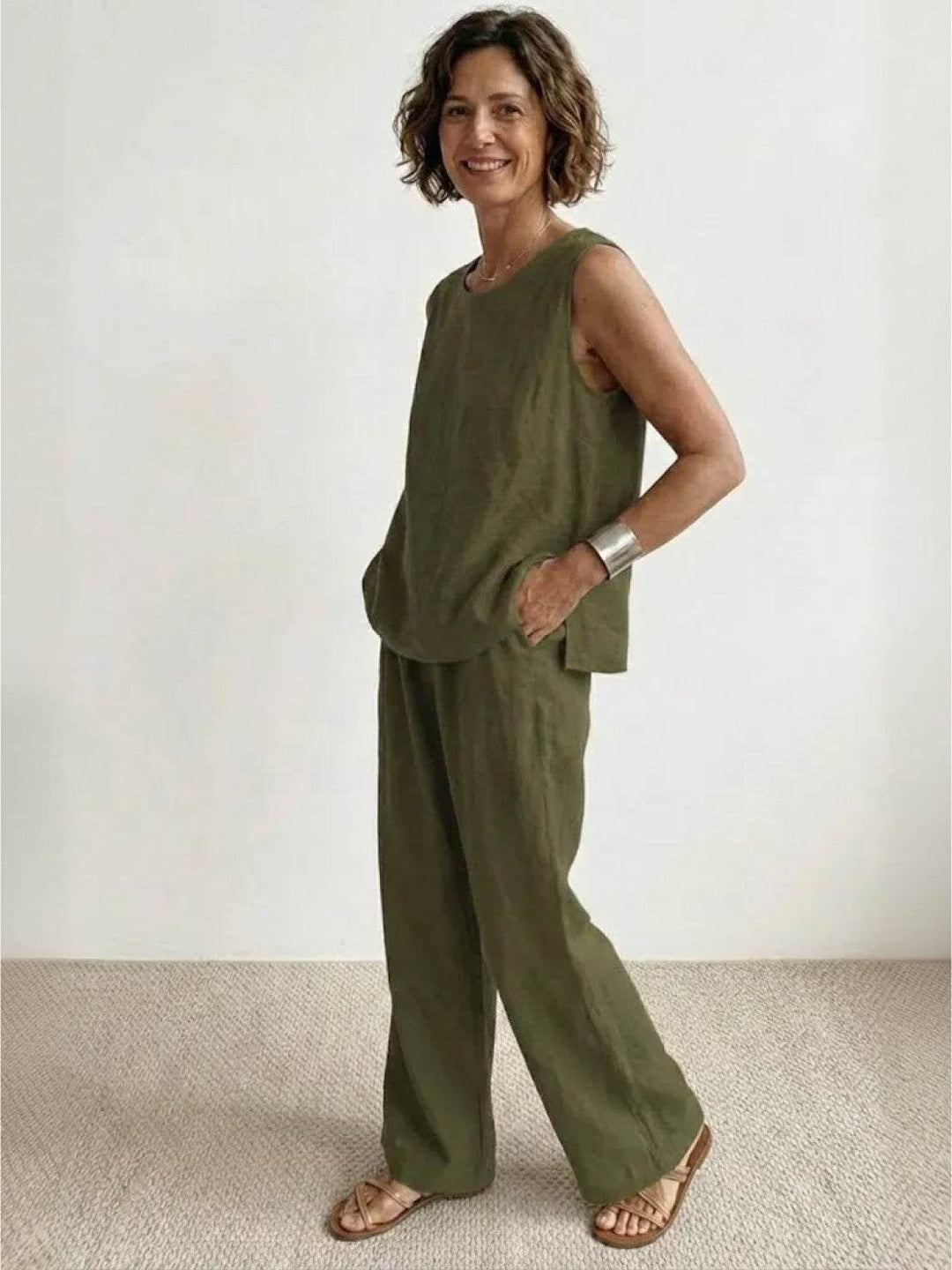 Olivia sleeveless tank and wide-leg pants set in beige, front view