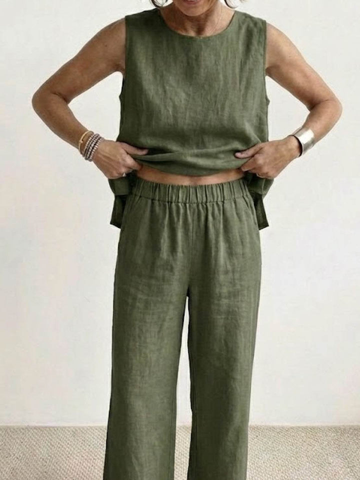 Olivia sleeveless tank and wide-leg pants set in beige, back view