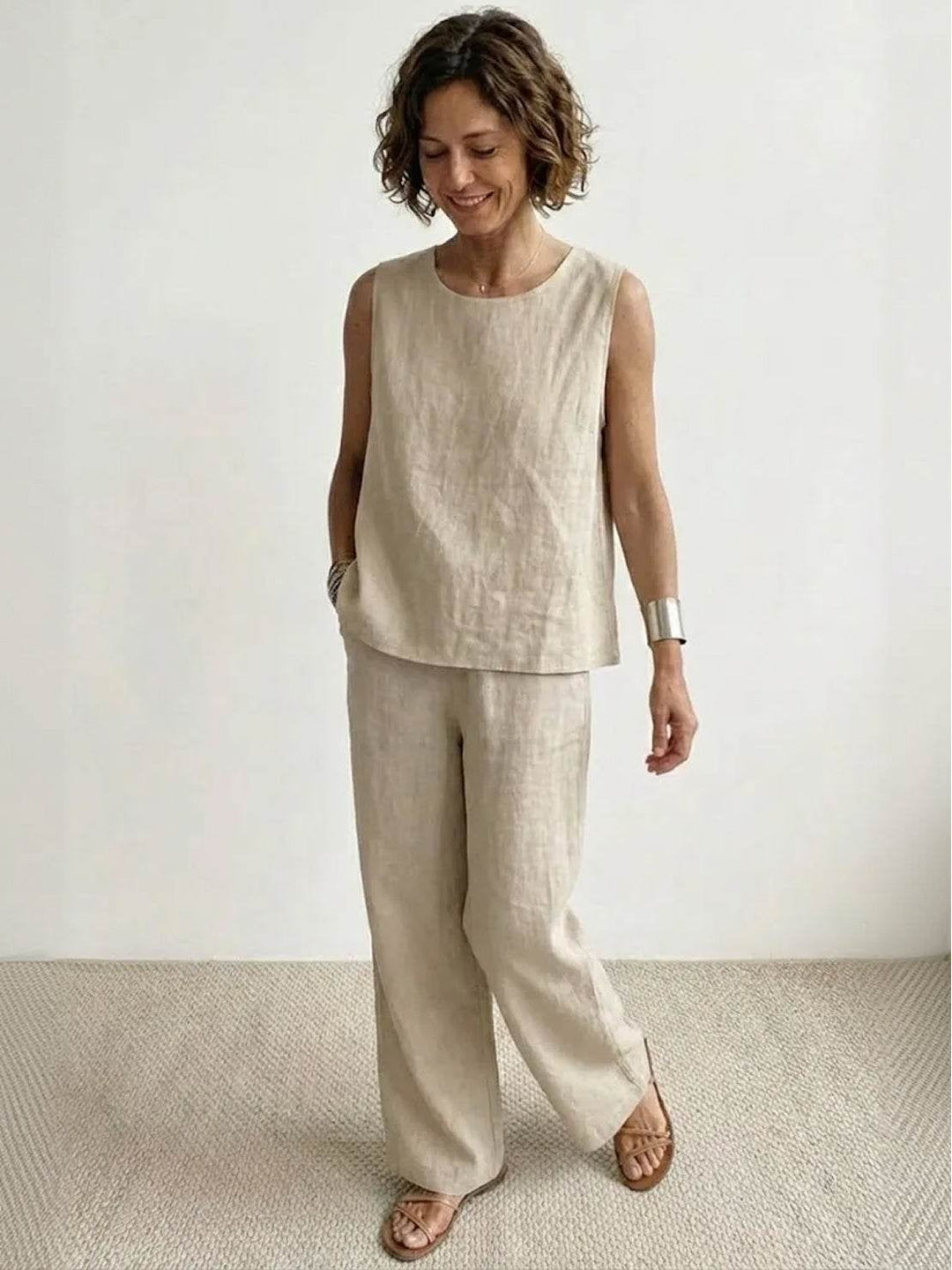 Olivia two-piece set in beige showing relaxed oversized fit