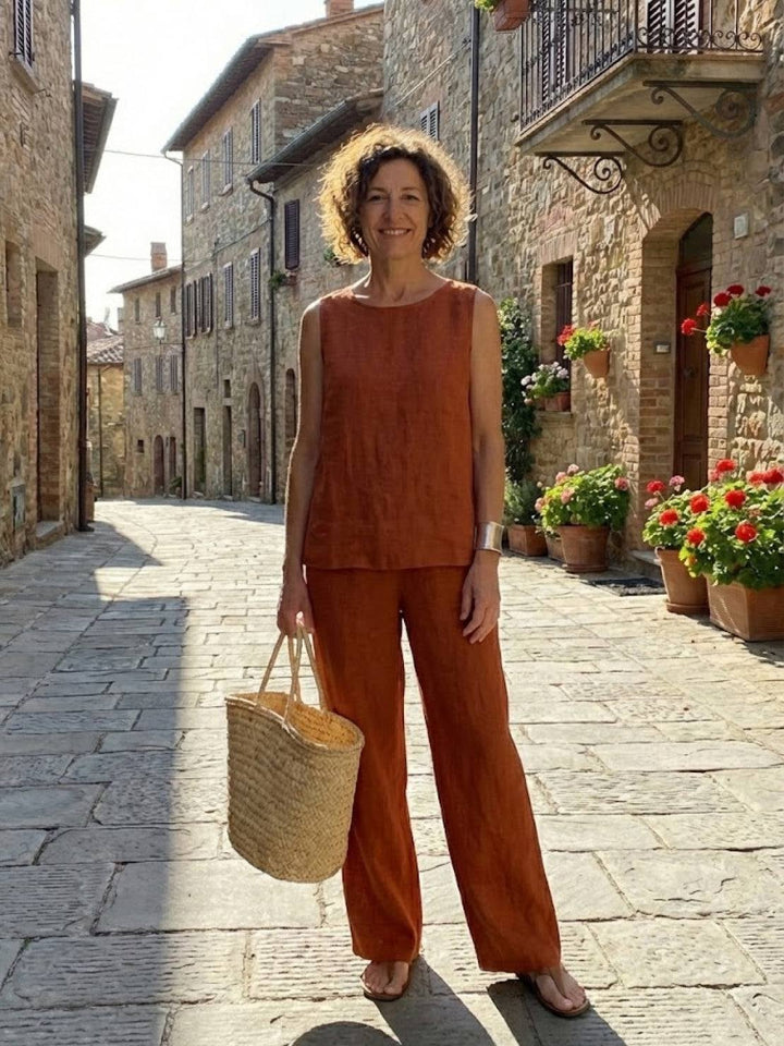 Olivia sleeveless tank and wide-leg pants set in rusty orange, back view
