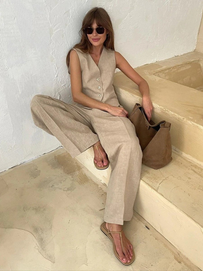 Close-up of the Effortless Chic Two-Piece Set showing the tailored vest waistline and relaxed trouser silhouette
