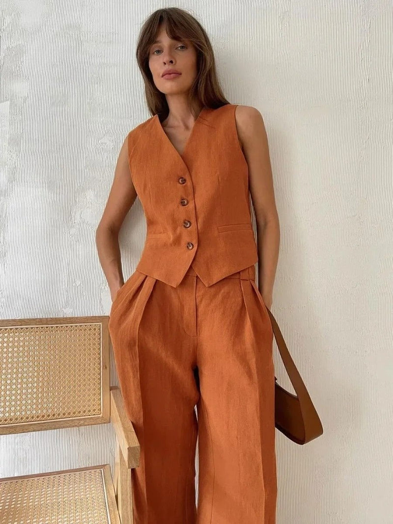 Full-length view of the black Effortless Chic Two-Piece Set highlighting the elongated, flattering silhouette