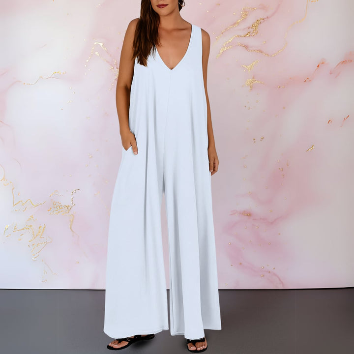 Back view of a black wide-leg jumpsuit with clean minimal seam lines