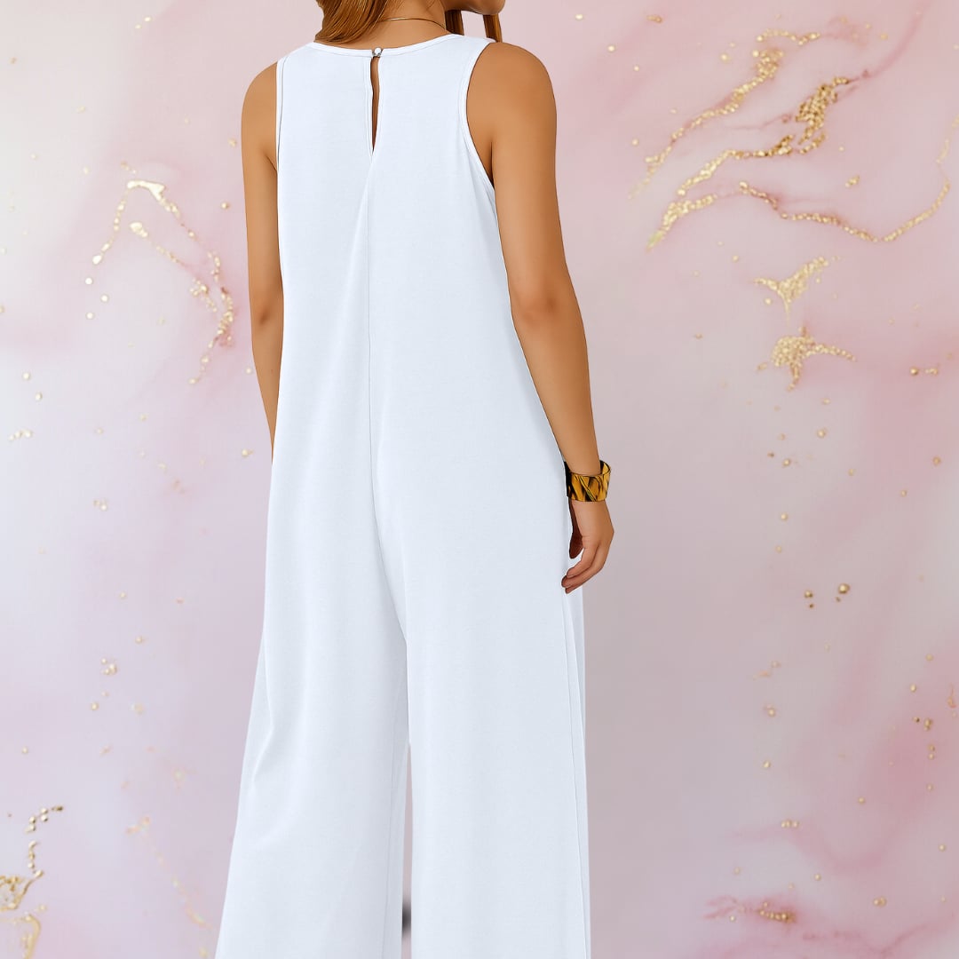Khaki sleeveless wide-leg jumpsuit with pockets, full-length front view on a model