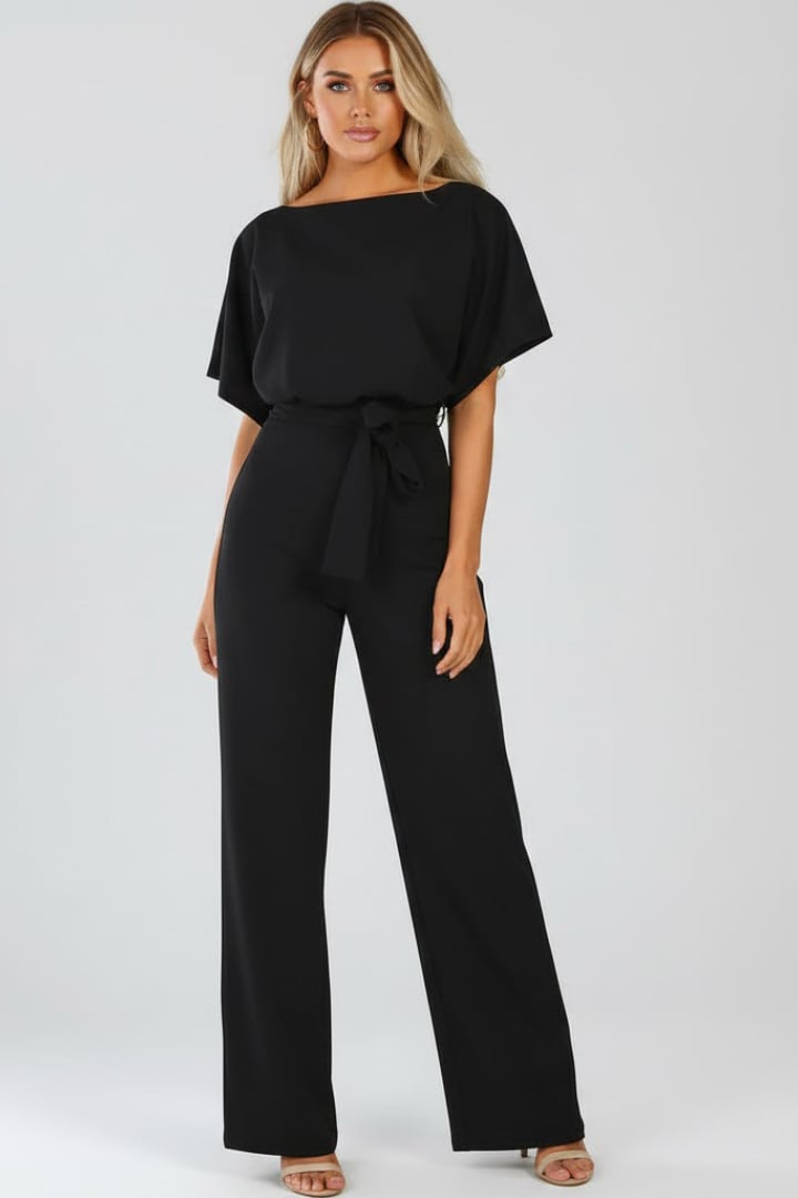 Woman wearing blue wide leg short sleeve belted jumpsuit, front view