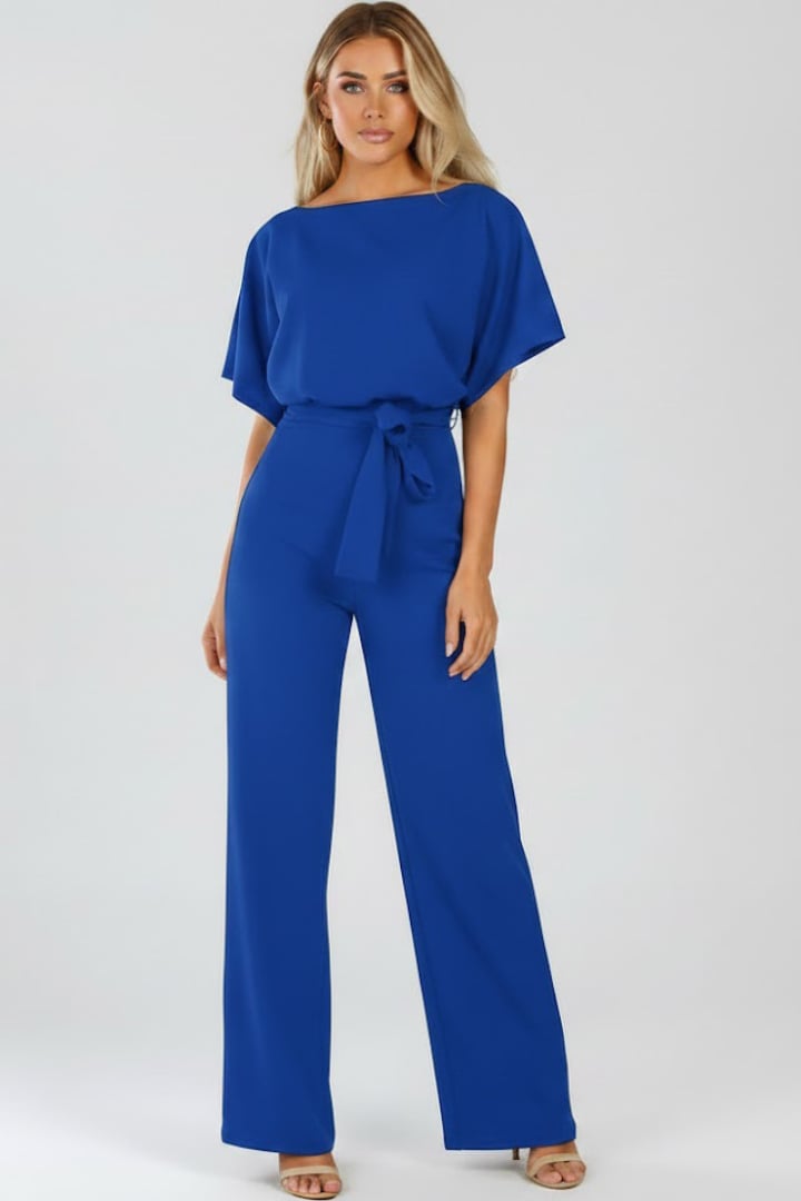 Navy blue Oona wide leg jumpsuit on model, full length view