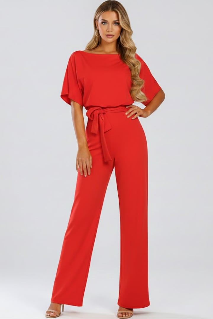 Orange Oona belted wide leg jumpsuit on model, full length front view