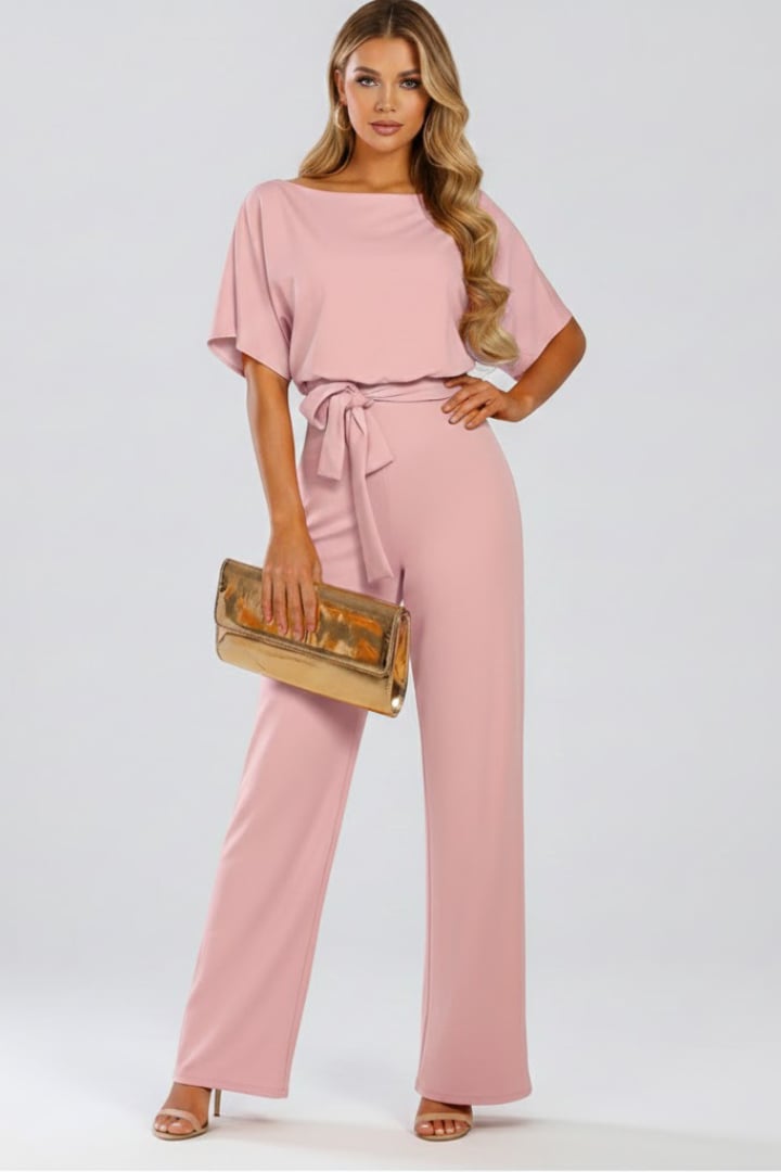 Flat lay of the Oona wide leg jumpsuit with belt showing fabric and color detail