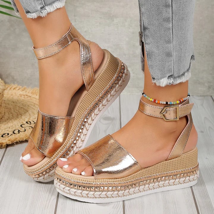 Opal women's gold orthopedic adjustable sandals shown from the front angle on a clean background