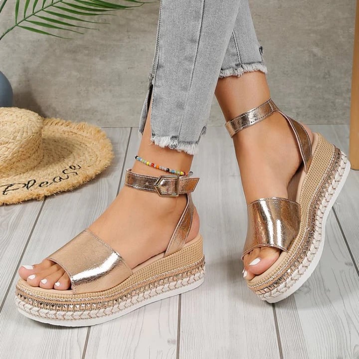 Side view of Opal gold orthopedic sandal highlighting the cushioned insole and adjustable strap detail