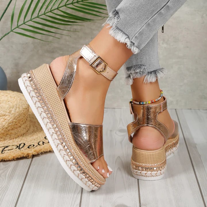 Top-down view of Opal gold adjustable sandal showing the ergonomic footbed and strap layout