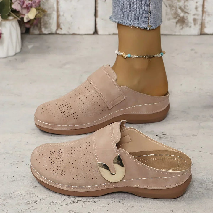 Ophelia wedge sandals in navy blue, front angle highlighting adjustable strap detail