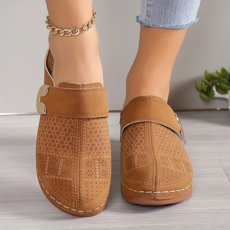 Ophelia wedge sandals in pale pinkish grey, top-down view showing strap adjusters and silhouette