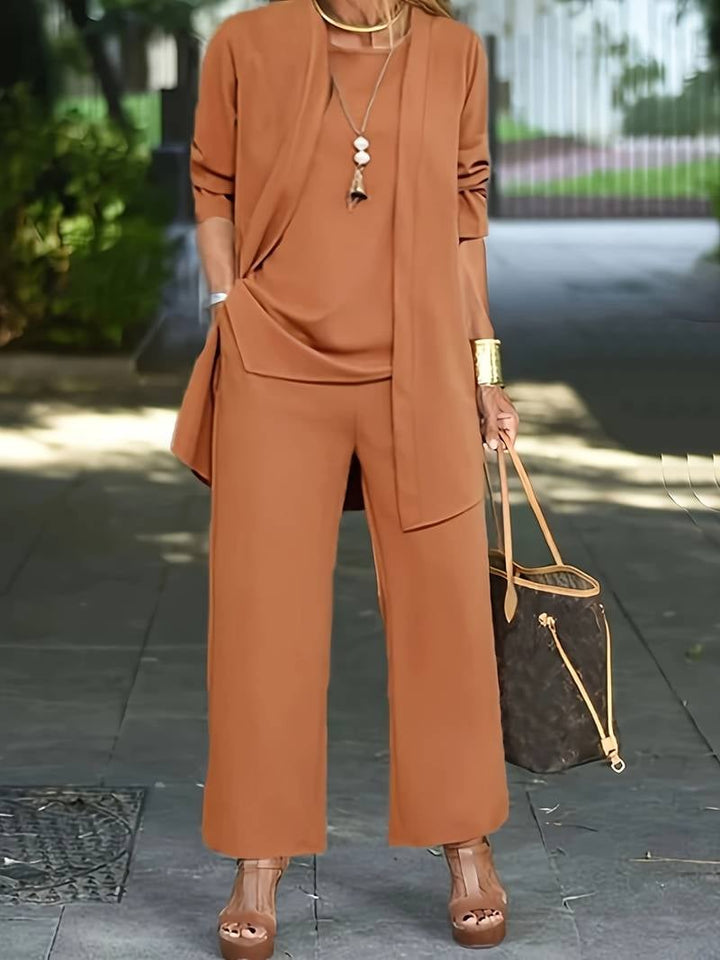 Front view of the Ophira 3-piece coordinated set showing round neckline and long sleeves
