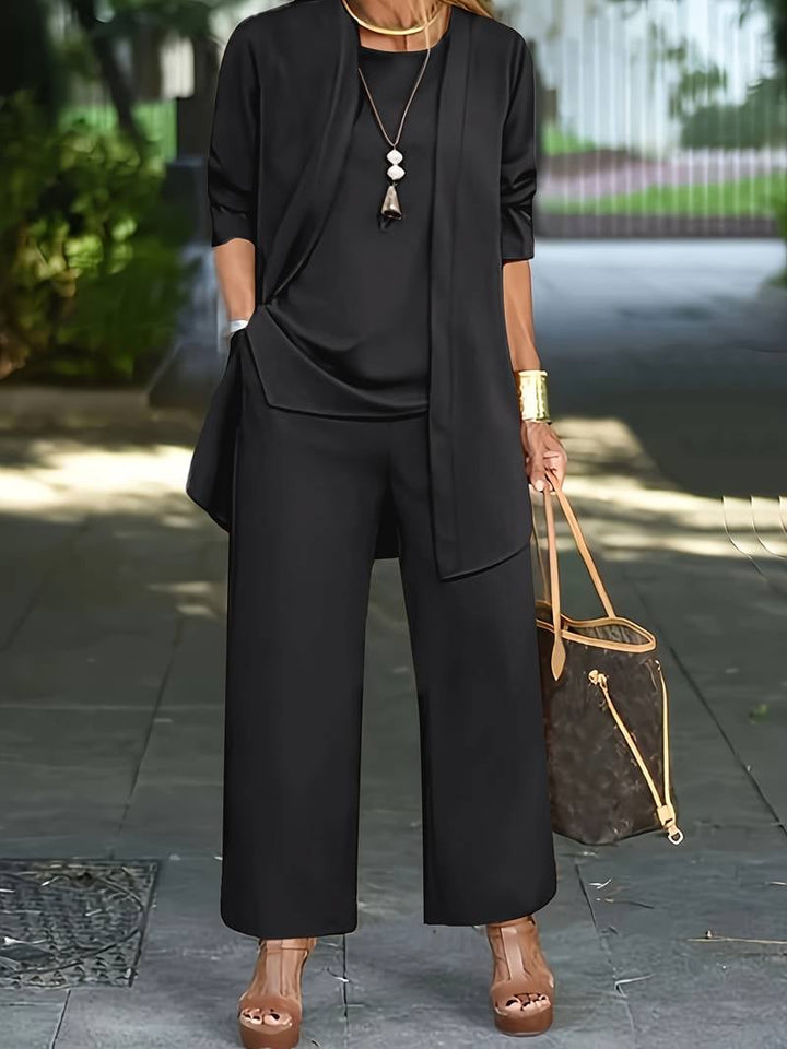 Ophira wide-leg pants and top set styled for a casual daytime look