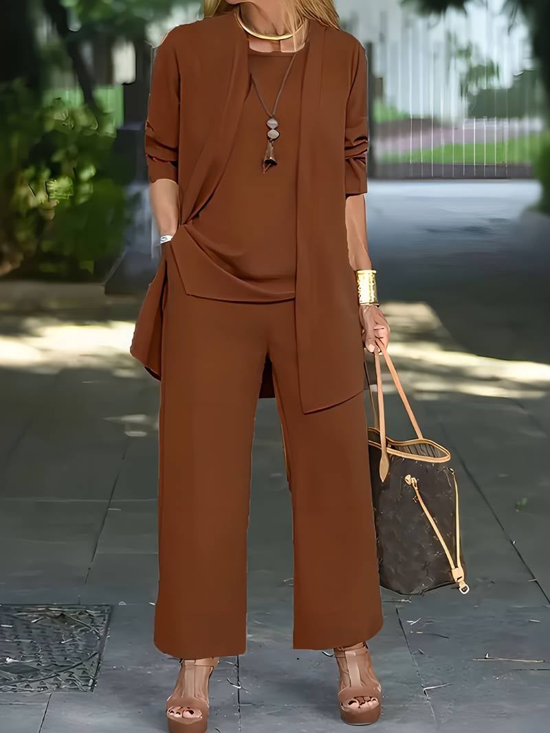 Ophira 3-piece set in burgundy with wide-leg pants and layered top