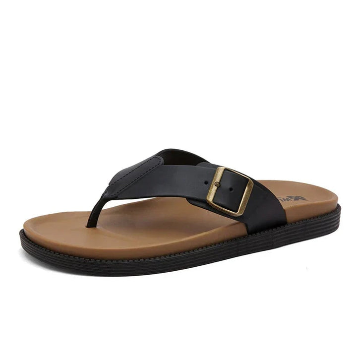 Orla vegan leather sandals in brown side profile showing cushioned footbed and slim sole